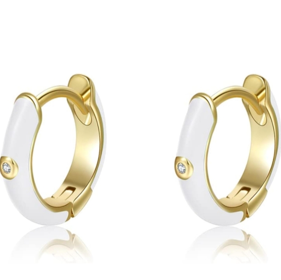 Little White Gold Hinged Hoops Enamel Hoop Earrings Rhinestone CZ Crystal New - Picture 1 of 7